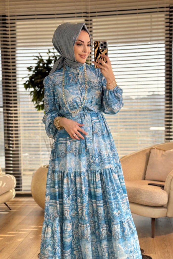 MRW1716 Desenli Elbise Mavi 