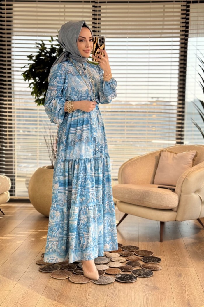 MRW1716 Desenli Elbise Mavi 