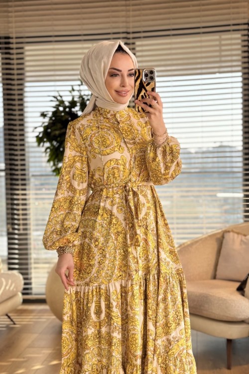 MRW1748 Desenli Elbise Sarı 