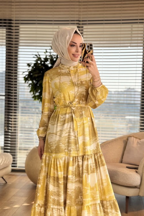 MRW1818 Estate Elbise Yağ Yeşili 