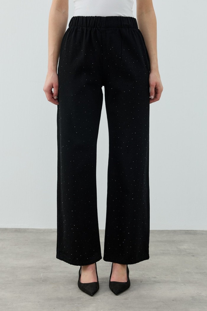 MRW1693 Palazzo Taşlı Denim Pantolon Siyah 