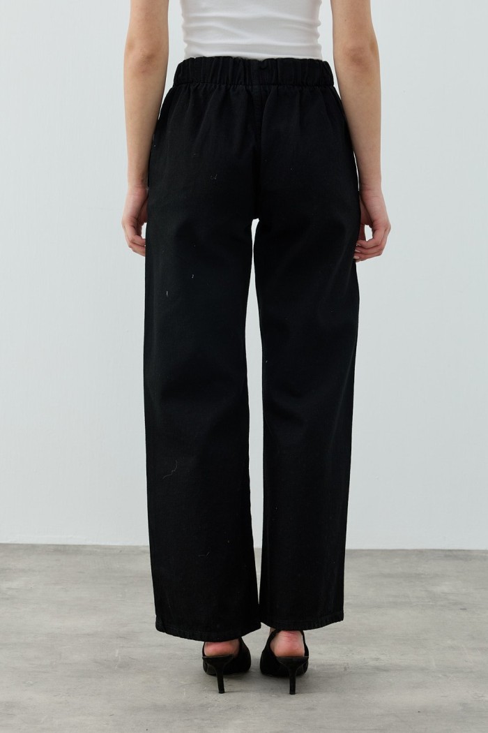 MRW1693 Palazzo Taşlı Denim Pantolon Siyah 