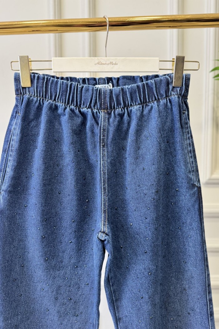 MRW1693 Palazzo Taşlı Denim Pantolon Lacivert 