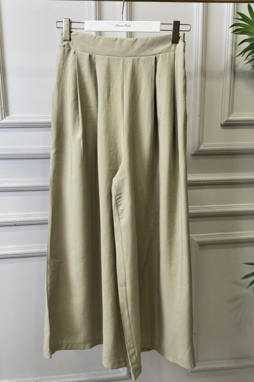 3206 Pileli Bol Paça Pantolon Yeşil 