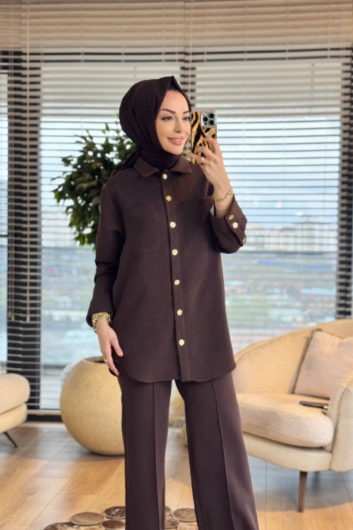 14464 Ön İki Cepli Metal Düğmeli Takım Kahve