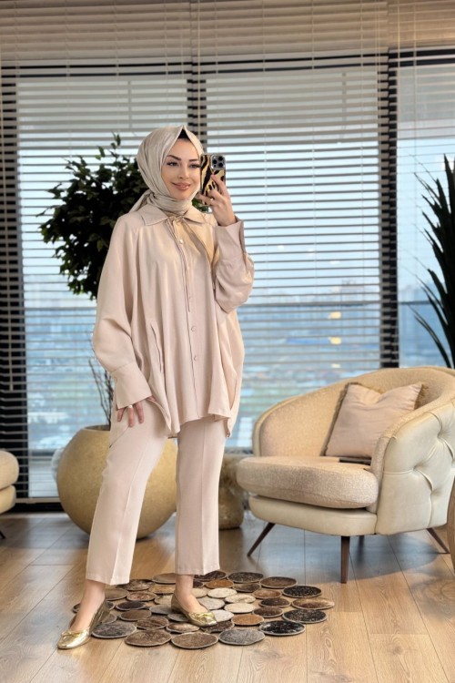 10772 Yakası İp Bağcıklı Gömlek Bej 