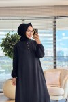 26847 Kendinden Desenli Elbise Siyah 