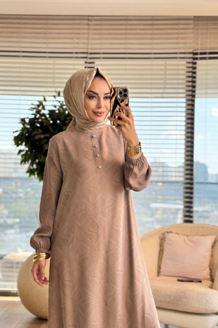 26847 Kendinden Desenli Elbise Bej 