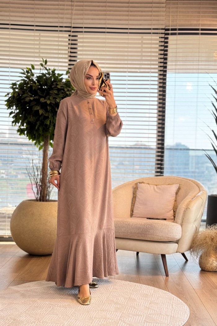 26847 Kendinden Desenli Elbise Bej 