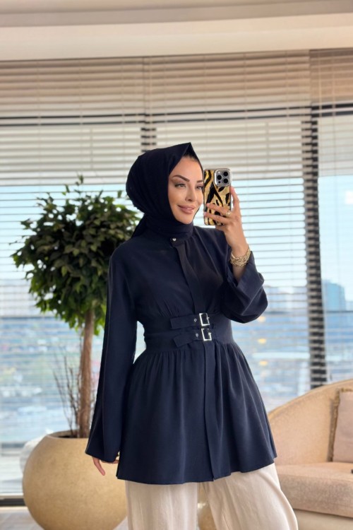 7523 Önü İki Tokalı Tunik Lacivert 