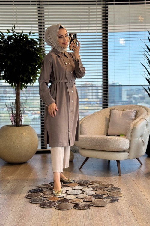 7522 Ön İki Sıra Metal Düğmeli Uzun Tunik Vizon 