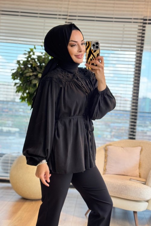 3356 Omzu Nakış Detaylı Gömlek Siyah
