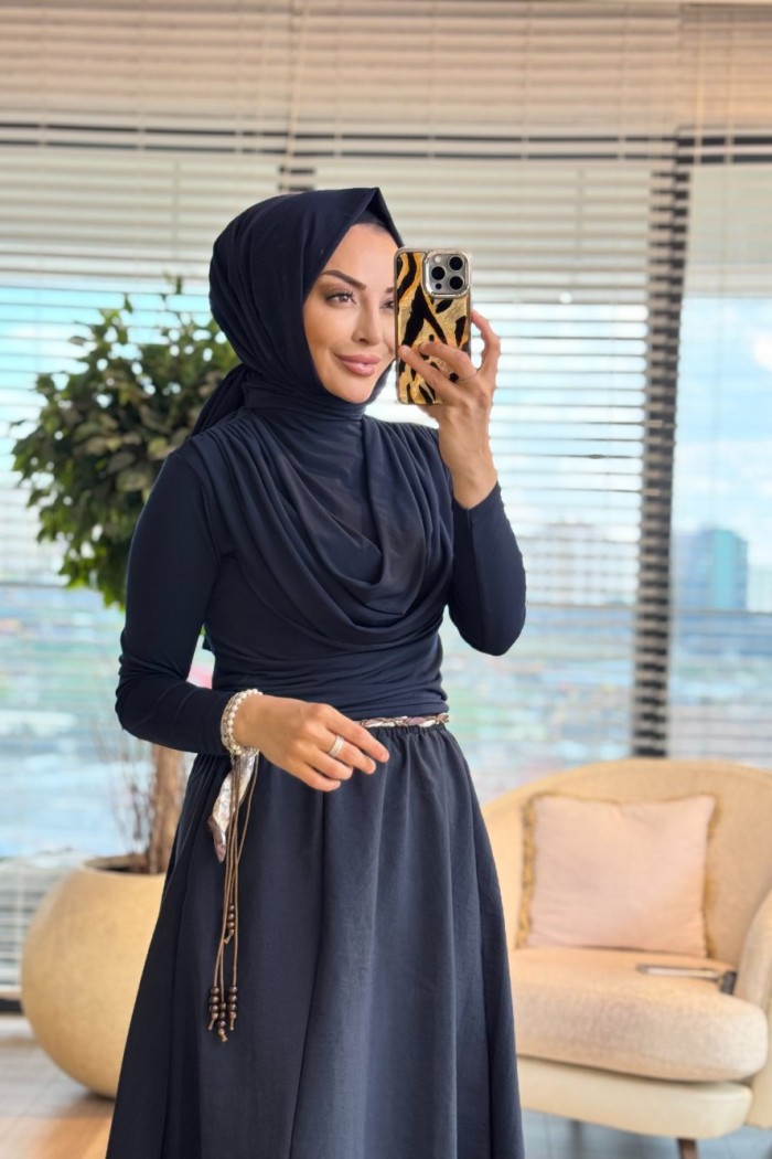 3375 Kemeri  Detaylı Etek Lacivert