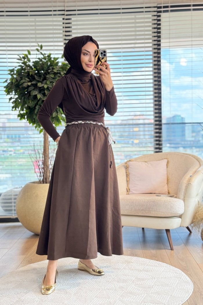 3375 Kemeri  Detaylı Etek Kahve