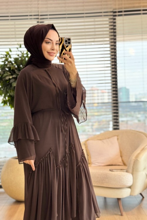 25133 Şifon Kol Ve Etek Ucu Fırfırlı Elbise Kahve 
