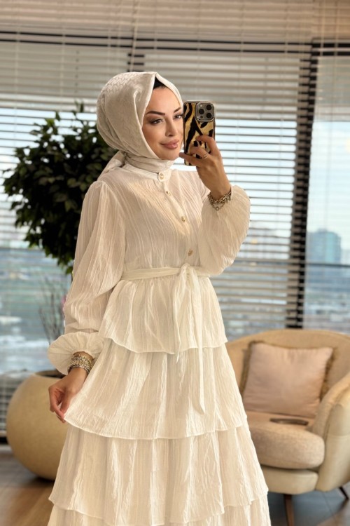 25130 Beş Katlı Kendinden Desenli Elbise Ekru 