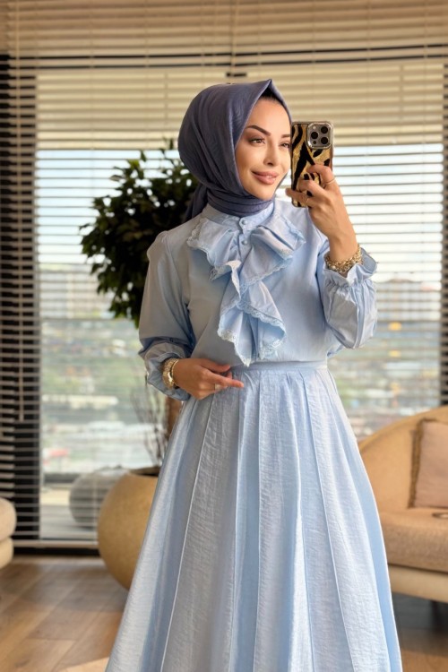 260133 Fırfır Yaka Dantel İşlemeli Gömlek Mavi 