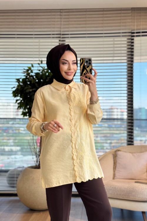 260107 Fırfır Desen Çiçek Nakış İşlemeli Gömlek Sarı 