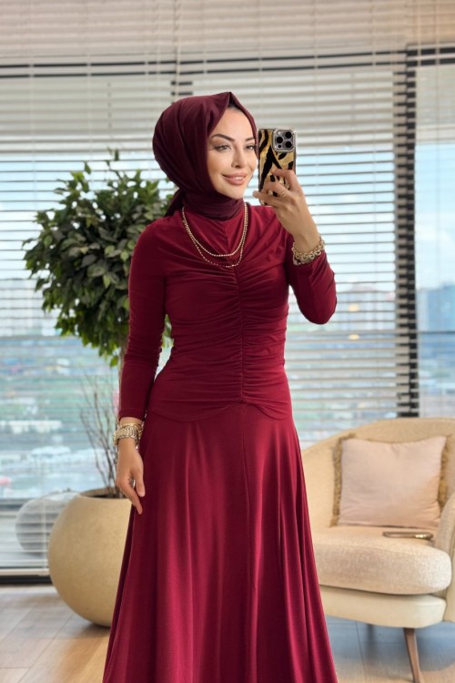 5184 Önü Drapeli Elbise Bordo 