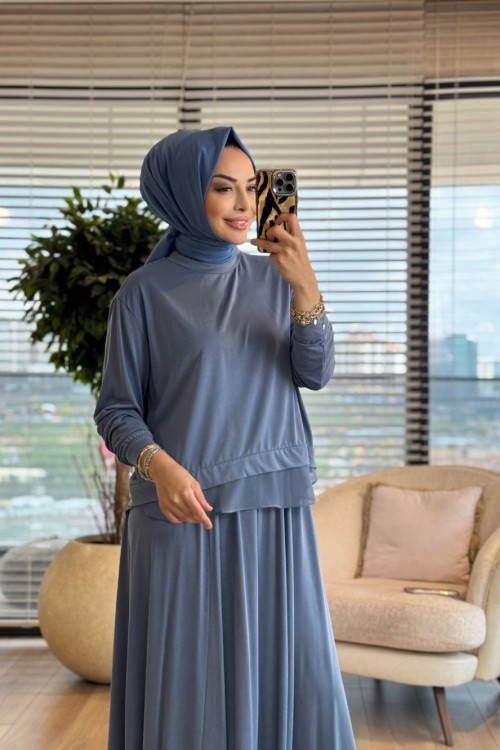 14420 Etek Ucu Tül Ve Parçalı Kısa Bluzlu Takım İndigo 