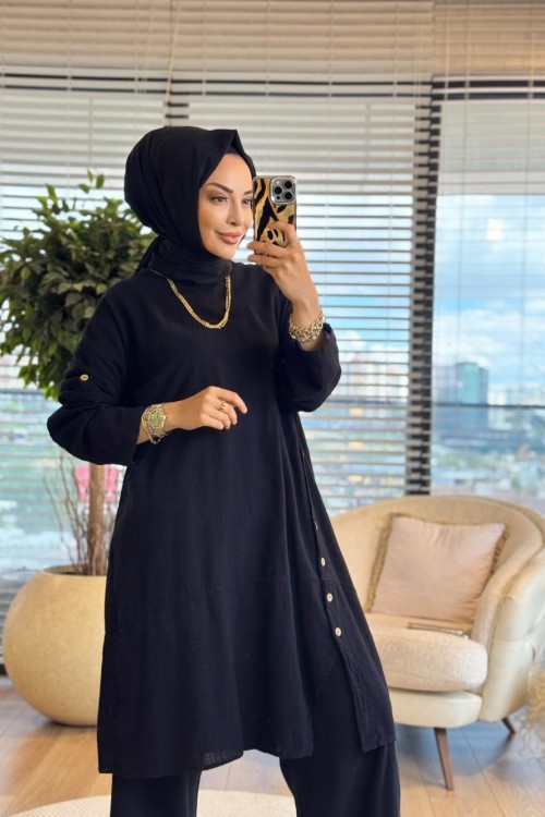 7107 Yan Düğmeli Uzun Tunik Keten Takım Siyah 