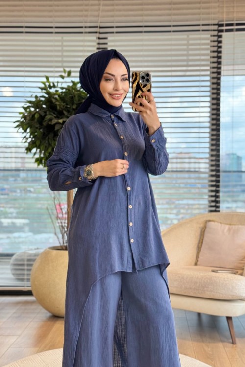 7114 Ön Oval Arkası Uzun Keten Takım İndigo 