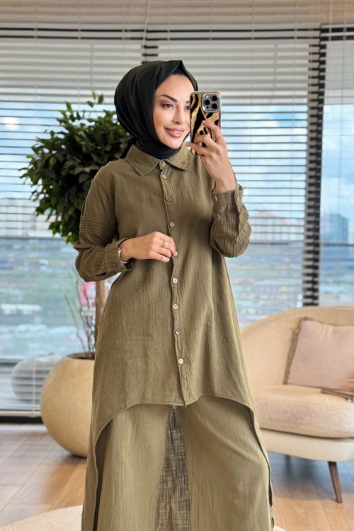 7114 Ön Oval Arkası Uzun Keten Takım Haki 
