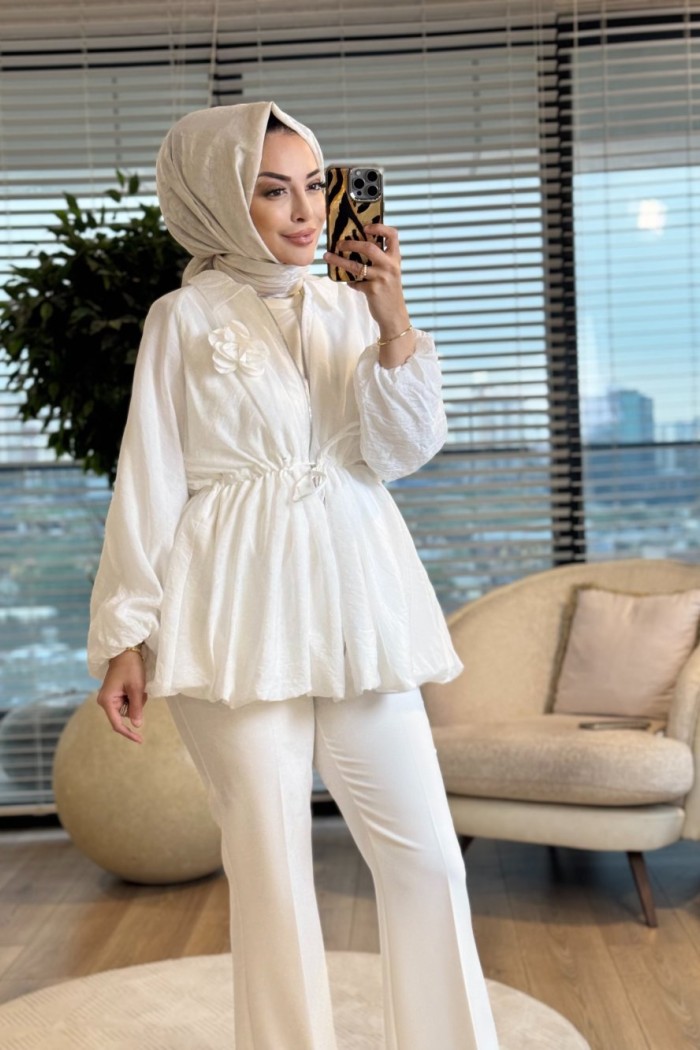 24424 Bebe Yaka Bel Bağcıklı Fermuarlı Kap Ekru 