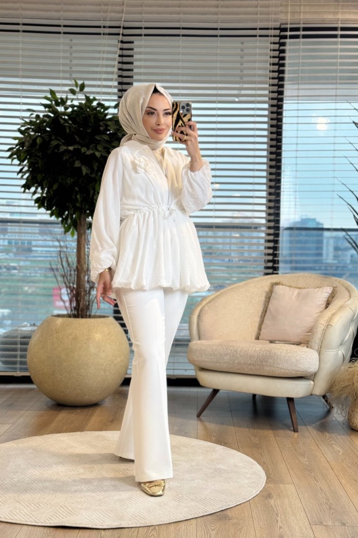 24424 Bebe Yaka Bel Bağcıklı Fermuarlı Kap Ekru 