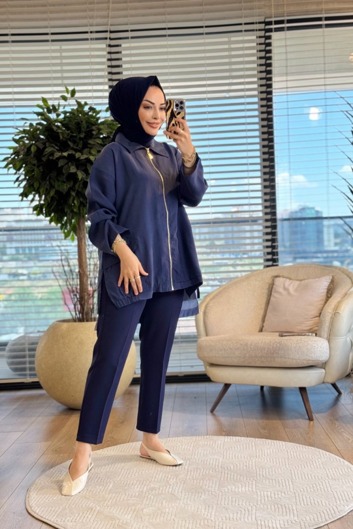 3422 Etek Ucu Çizgi Garnili Ceket Lacivert 
