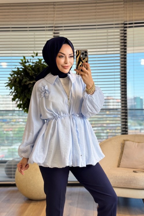 24424 Bebe Yaka Bel Bağcıklı Fermuarlı Kap Mavi 