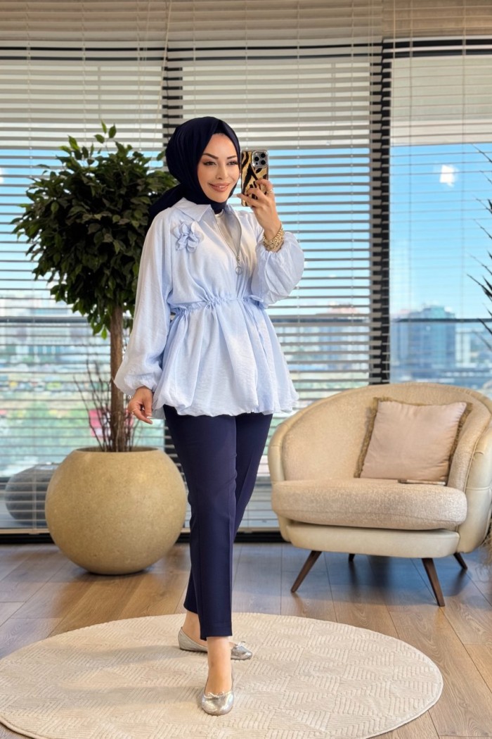 24424 Bebe Yaka Bel Bağcıklı Fermuarlı Kap Mavi 