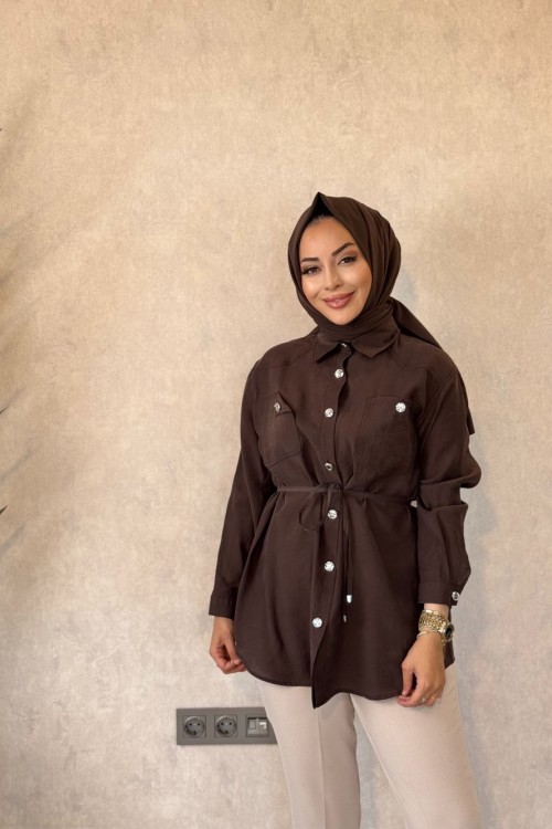 7561 Roba İki Cebli Metal Düğmeli Tunik Kahverengi 