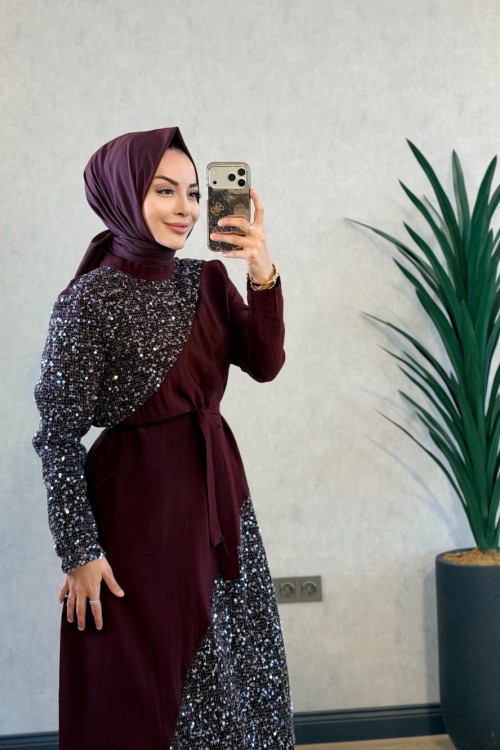 3727 Roba Etek Ucu File Pul Parçalı Elbise Bordo 