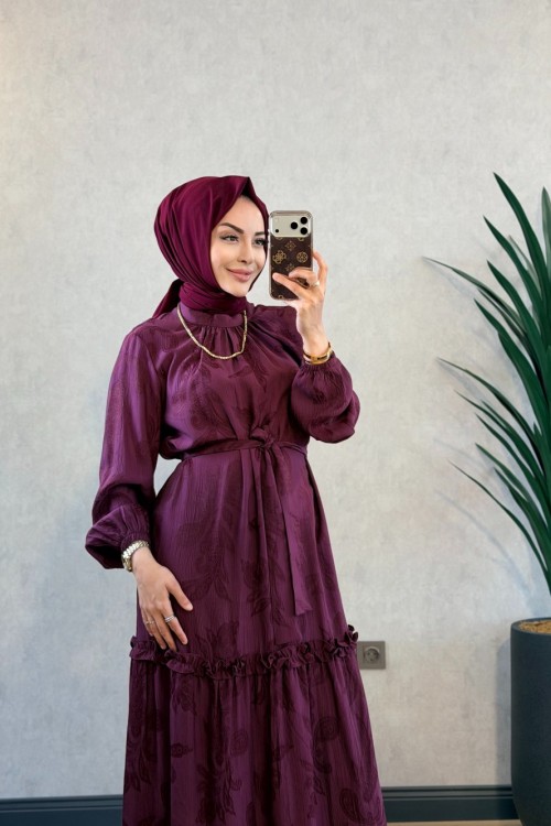 3753 Kendinden Şal Desenli Elbise Mürdüm 