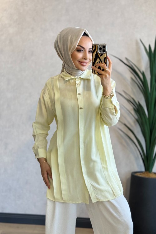 1016-2 Tencel Önü Pileli Gömlek Sarı 