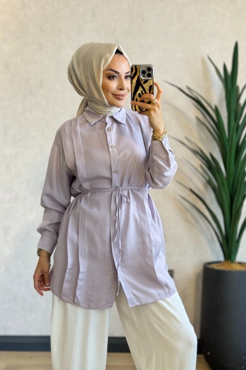 1016-2 Tencel Önü Pileli Gömlek Lila 