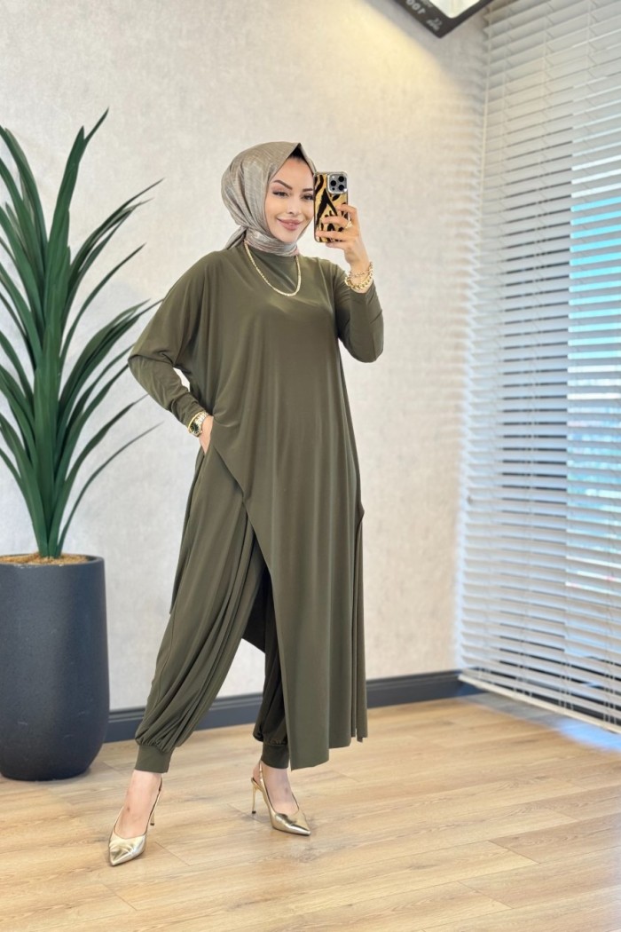 HWN6294 Lilyum Şalvarlı Takım Haki 