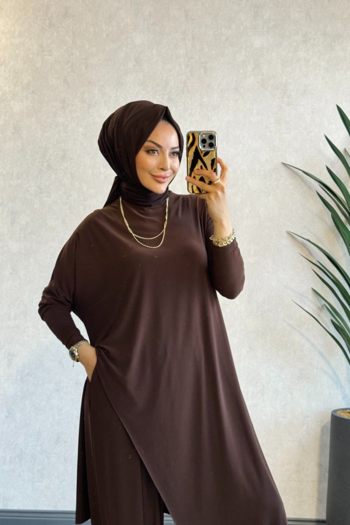HWN6294 Lilyum Şalvarlı Takım Kahve