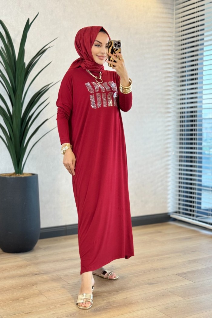 24234-1 Önü Taş Yazı Baskılı Penye Elbise Bordo  