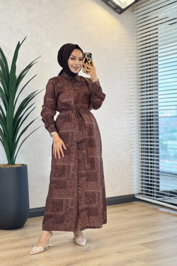 3751-1 Desenli Leyla Elbise Kahve
