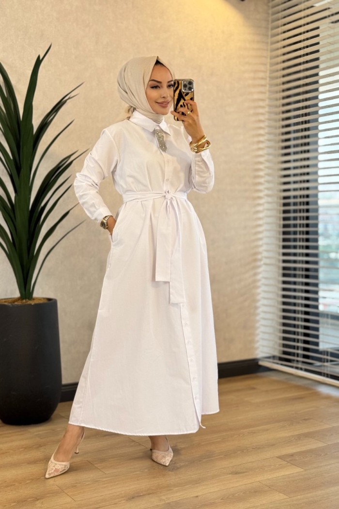 HWN6296 Vela Gömlek Elbise Beyaz