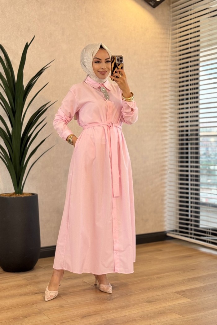 HWN6296 Vela Gömlek Elbise Pembe