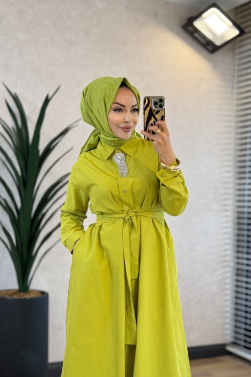 HWN6296 Vela Gömlek Elbise Yağ Yeşili 