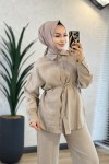 7415-1 Keten Önden Düğmeli Takım Bej 