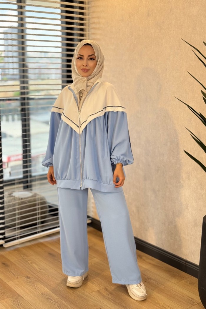 22906 Önü V Parçalı Fermuarlı Takım Ekru Mavi 