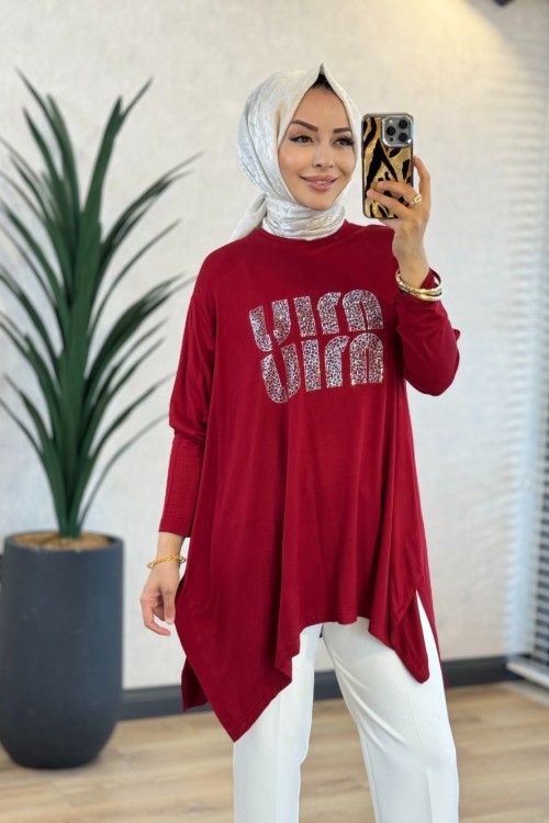 24277 Önü Taş Yazılı Tunik Bordo 