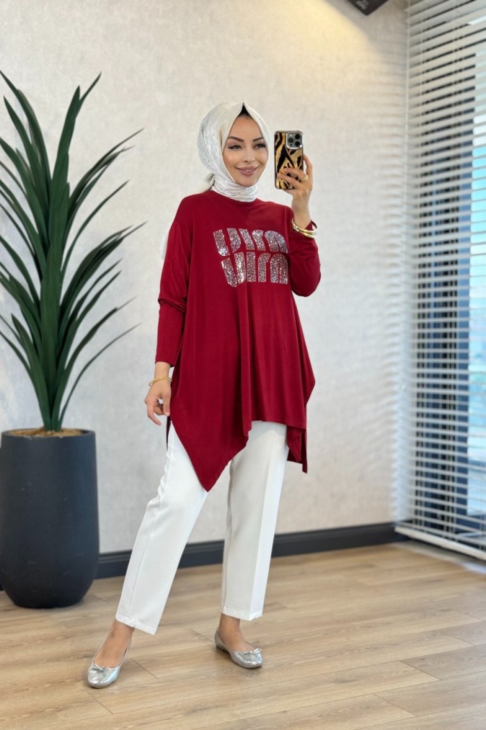 24277 Önü Taş Yazılı Tunik Bordo 