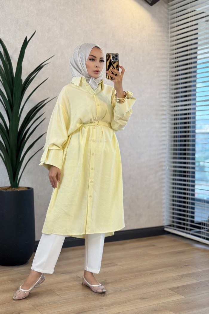 10753 Manşeti Kuşaklı Uzun Ön Düğmeli Tunik Pembe