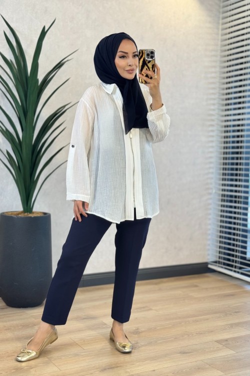 10775 Bürümcük Kumaş Fermuarlı Gömlek Ekru 